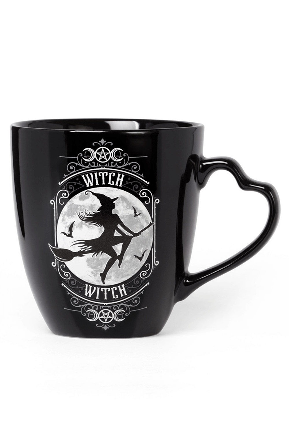 Gothic black mug featuring a witch silhouette and heart-shaped handle, perfect for romantic couples.