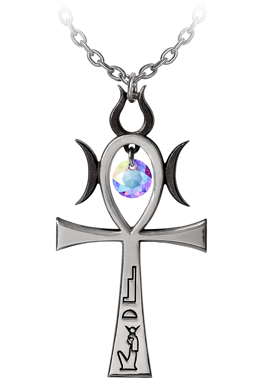 Witch Ankh of Menouthis Pendant with Austrian Crystal, featuring intricate hieroglyphs and moon symbols on fine pewter.
