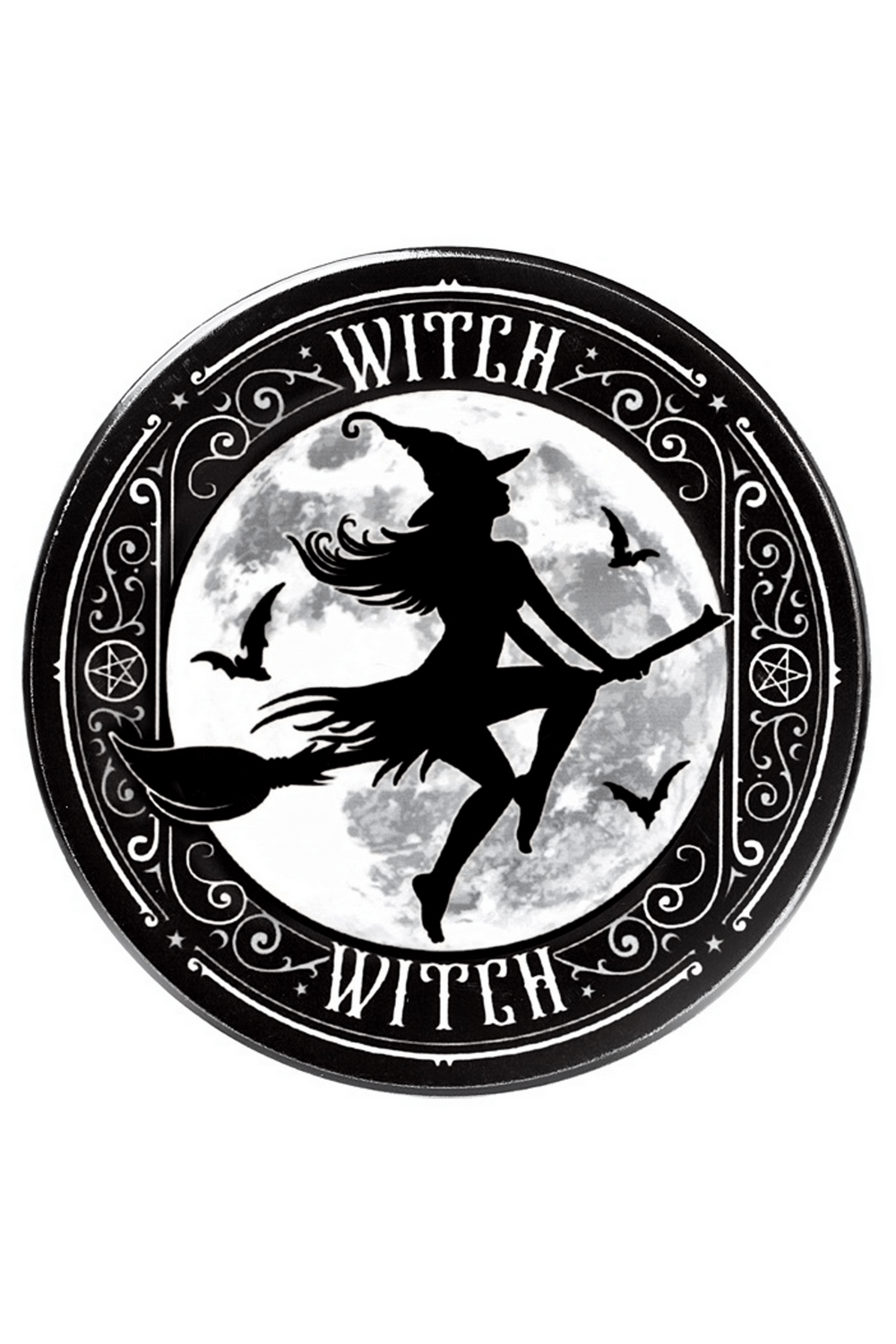 Gothic ceramic witch coaster featuring a witch flying on a broom with a full moon design, perfect for occult home decor.