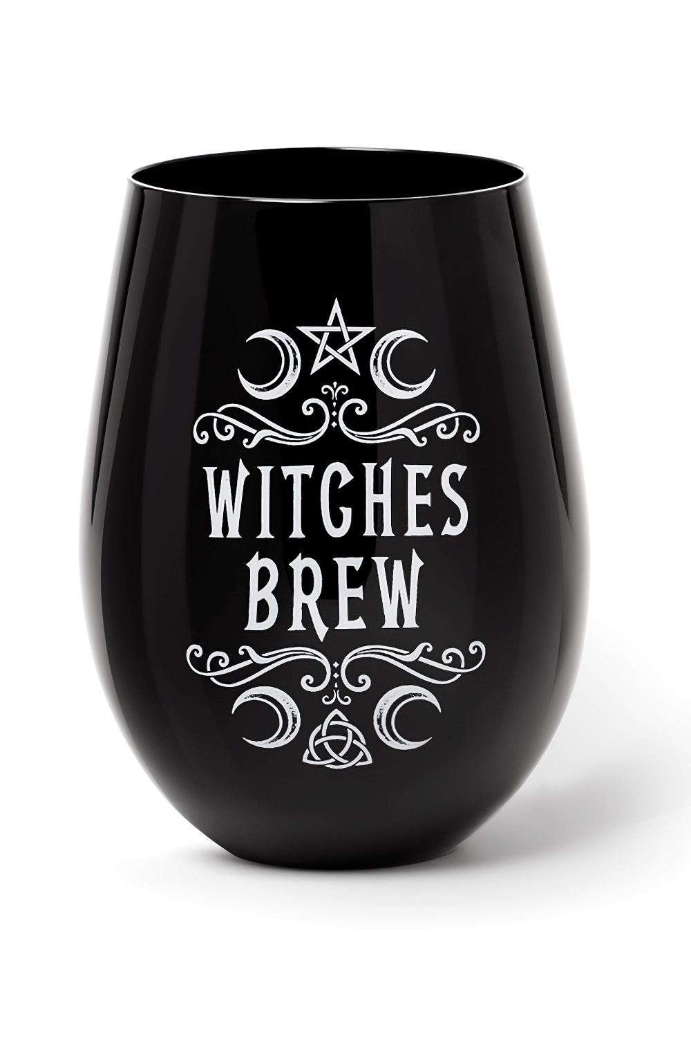 Witches Brew black gothic stemless drinking glass with lunar symbols and mystical artwork.