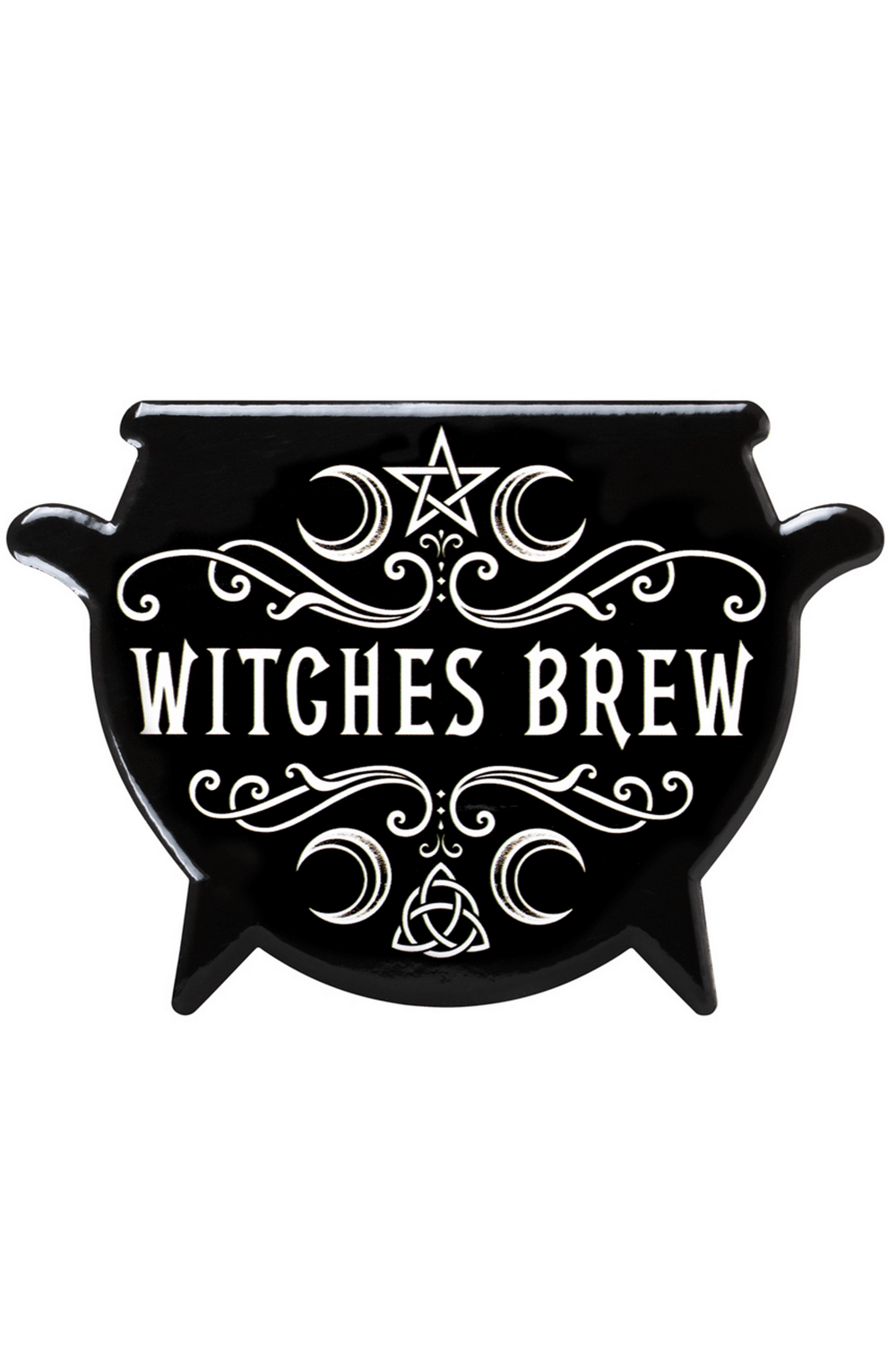 Witches Brew ceramic coaster featuring mystical symbols and gothic design, perfect for home decor and witchcraft enthusiasts.
