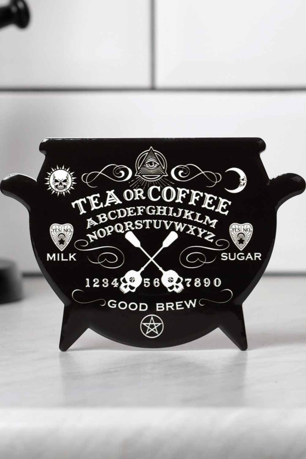 Witches Brew Cauldron Coaster with occult symbols for magical tea and coffee moments in your kitchen.