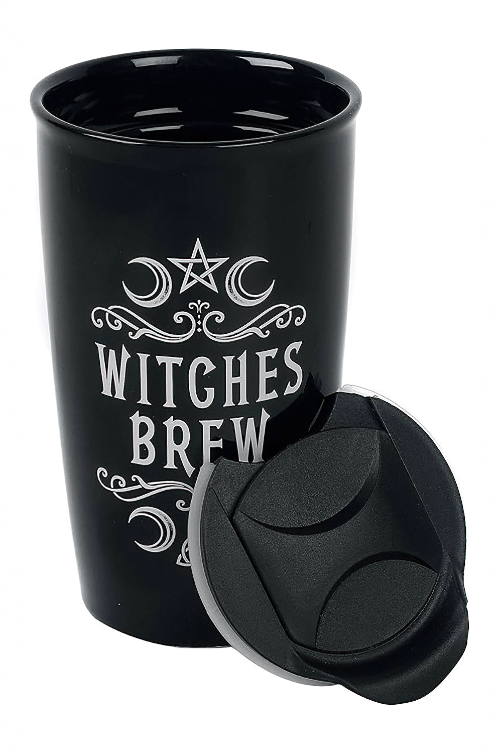 Witches Brew double-walled travel mug in black with an occult design, perfect for magic lovers on the go.