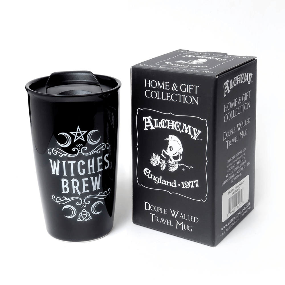 Witches Brew double walled travel mug in black with occult design, perfect for stylish drinks on the go.
