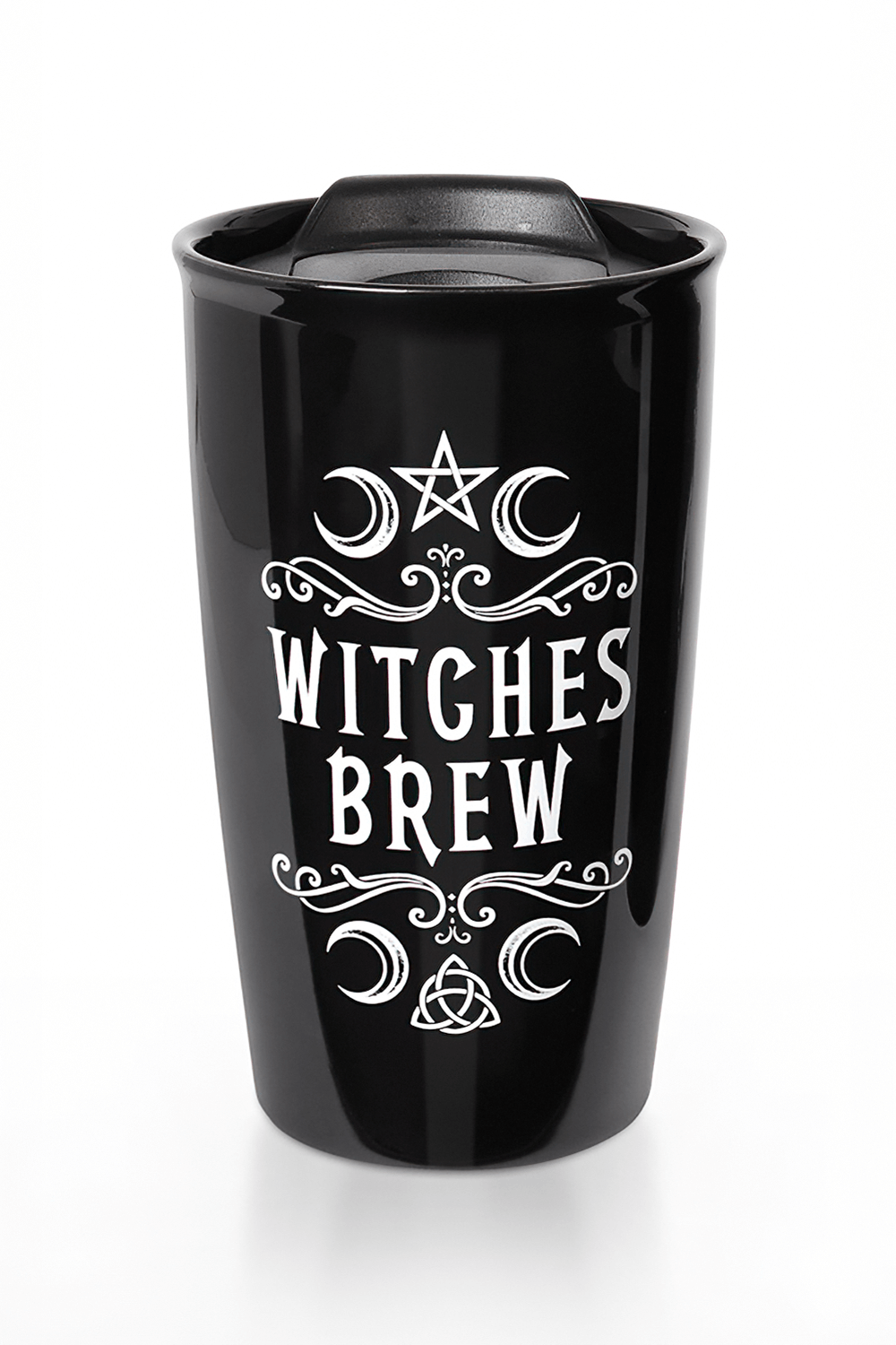 Witches Brew double walled travel mug in black with occult design, perfect for magical beverages on the go.
