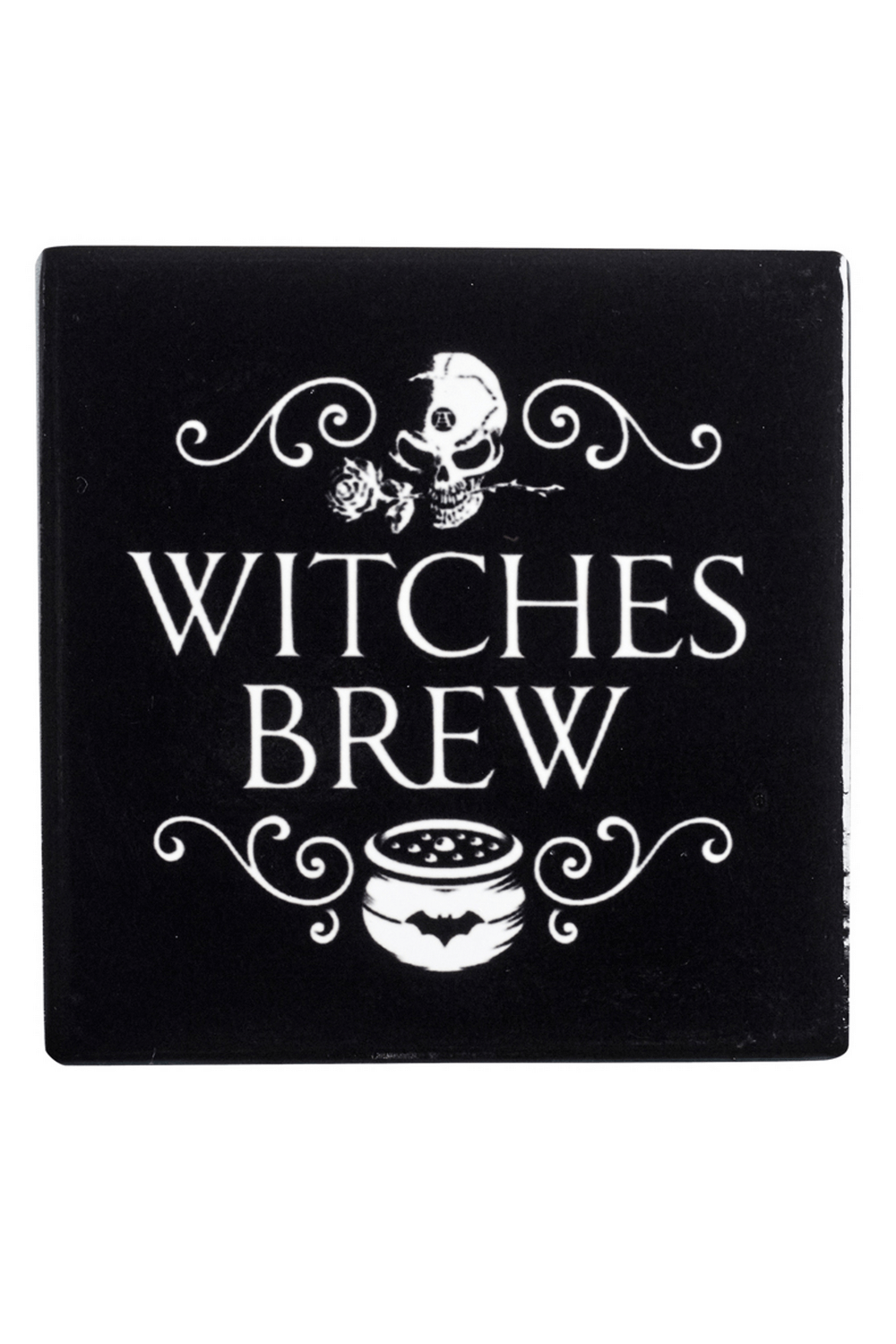 Gothic Witches Brew coaster featuring skull, rose, and bat design, perfect for dark decor and spooky drinks.