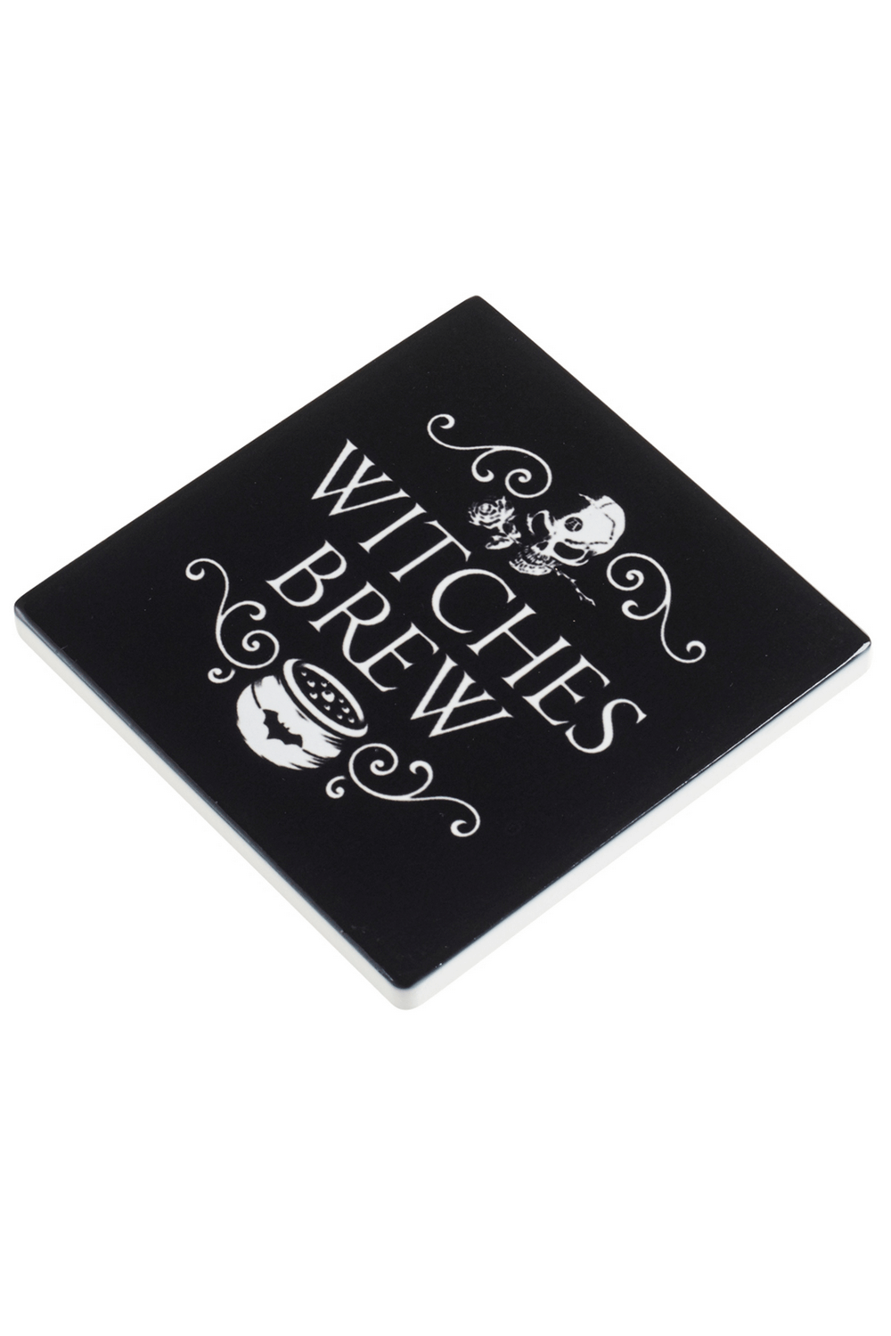 Witches Brew coaster featuring a skull and cauldron design for gothic decor and spooky gatherings.