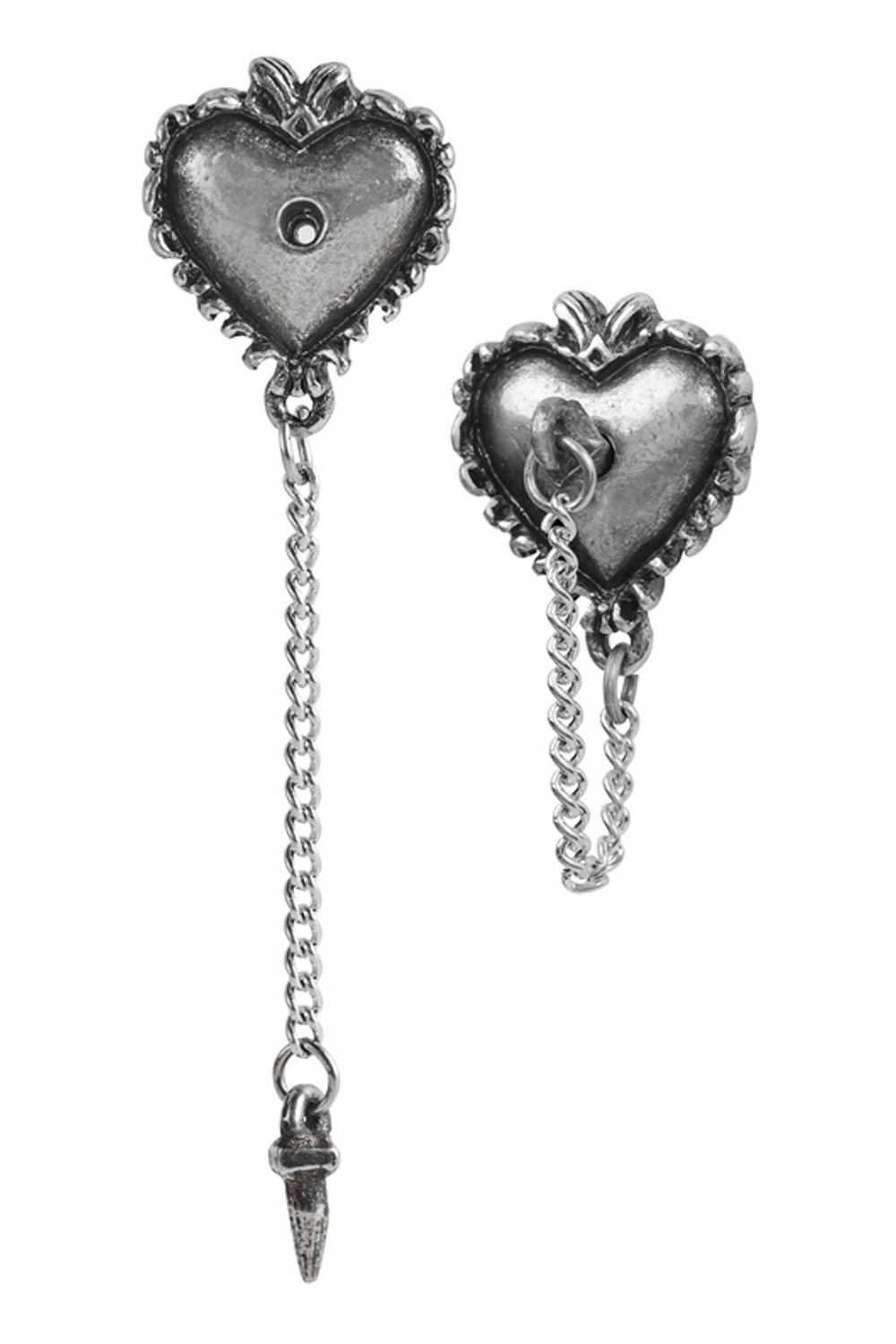 Witches Heart Stud Earrings with pewter pin and chain; edgy design for a bold statement.