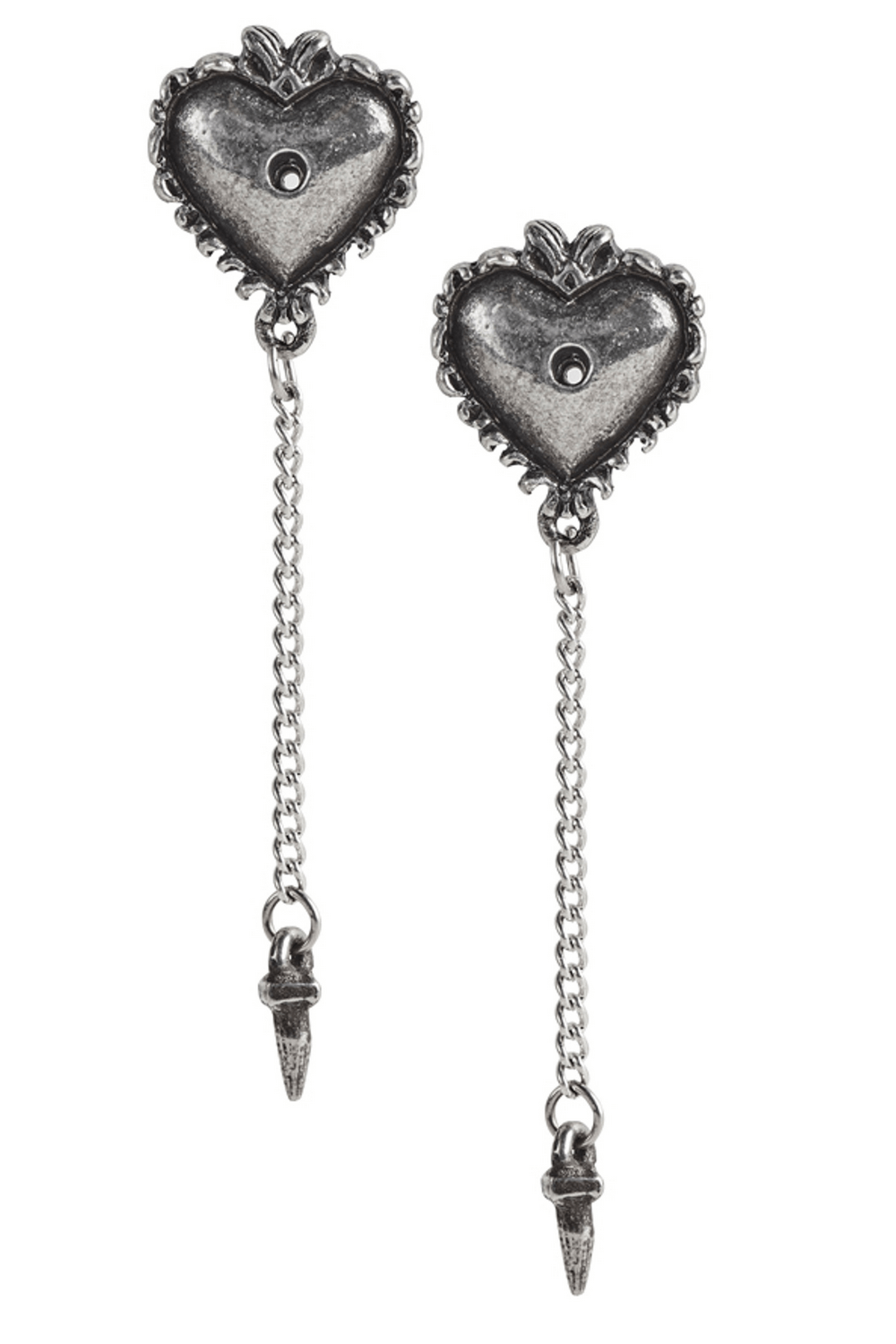 Witches Heart Stud Earrings with pewter pin and chain, featuring intricate heart designs and a gothic aesthetic.