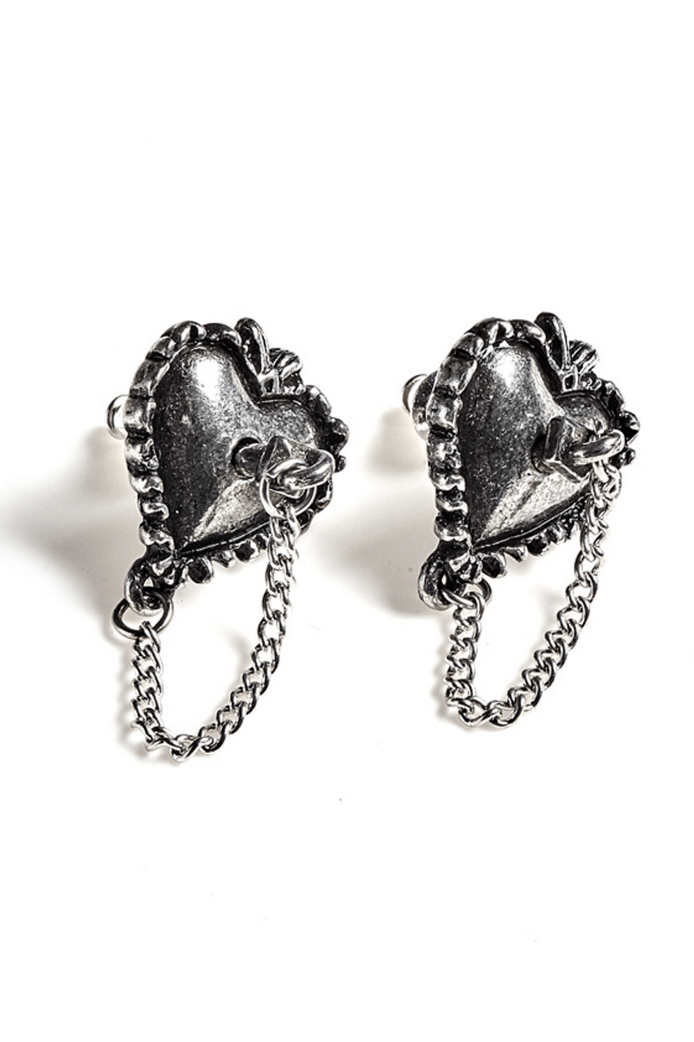 Witches Heart Stud Earrings featuring pewter charm and chain, perfect for a bold, mythical look.
