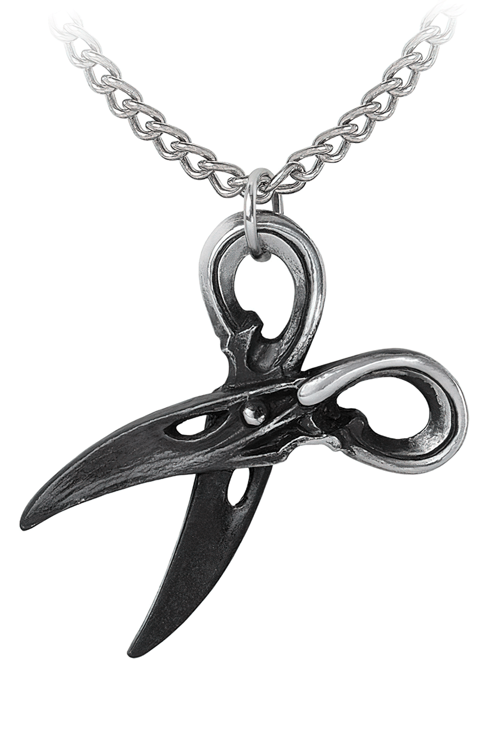 Witches Shears Pendant with Raven Beak Blades, handcrafted necklace featuring raven skull shears.