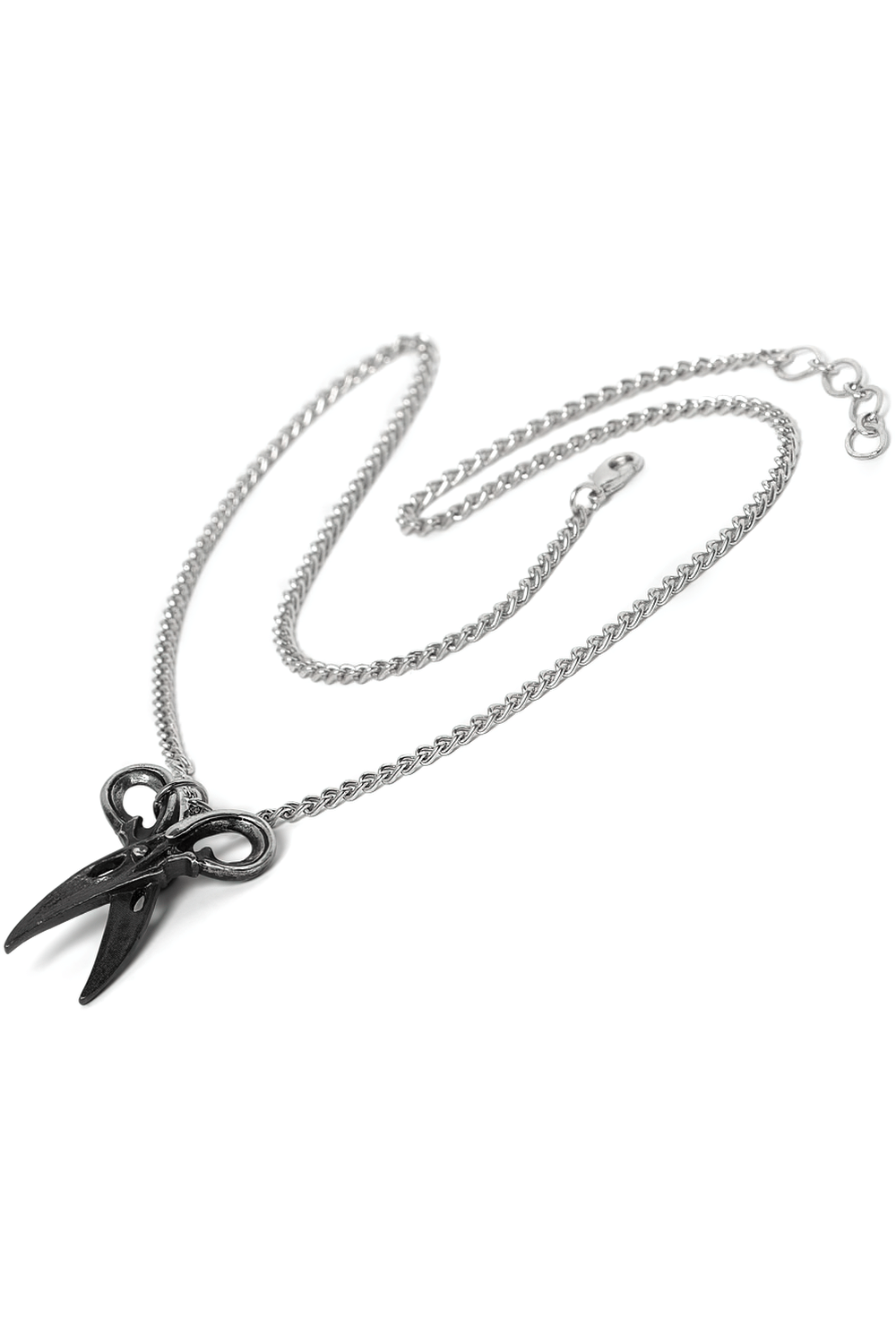 Witches Shears Pendant with Raven Beak Blades on a silver chain, handcrafted in blackened pewter.