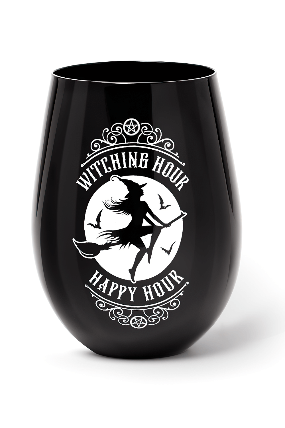 Witching Hour black stemless glass with witch design for potions and wine, adding gothic charm to every sip.