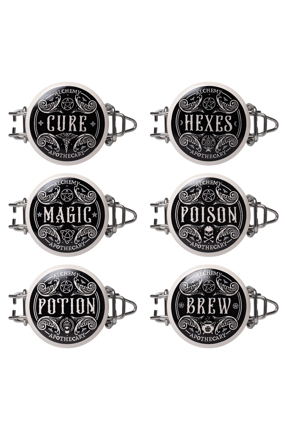 Set of six labeled jars: Cure, Hexes, Magic, Poison, Potion, Brew for storing spices and magical ingredients.