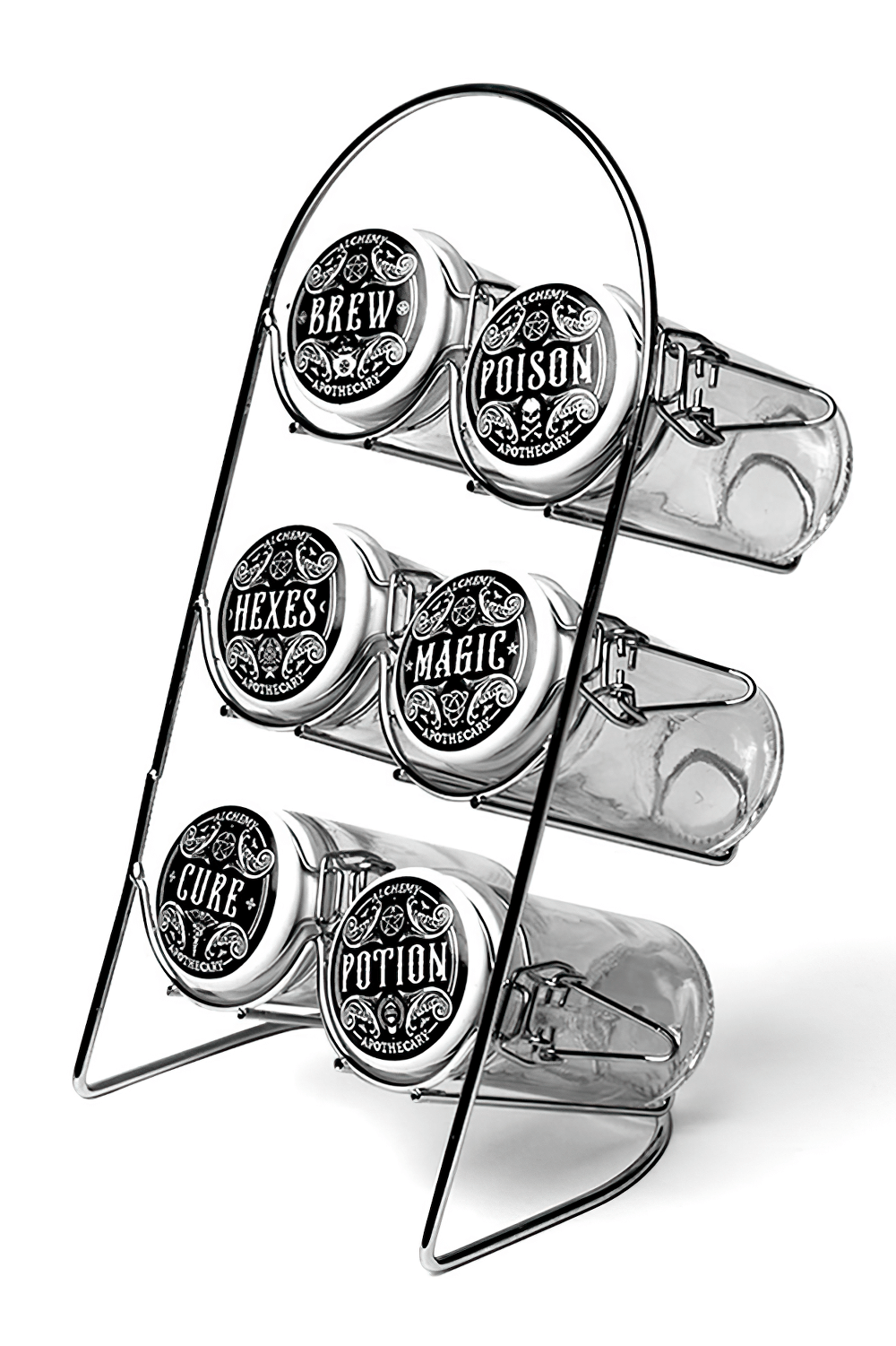 Witch's Brew and Hexes Apothecary Spice Jars set organized on rack, featuring labeled glass jars: Brew, Cure, Hexes, Magic, Poison, Potion.