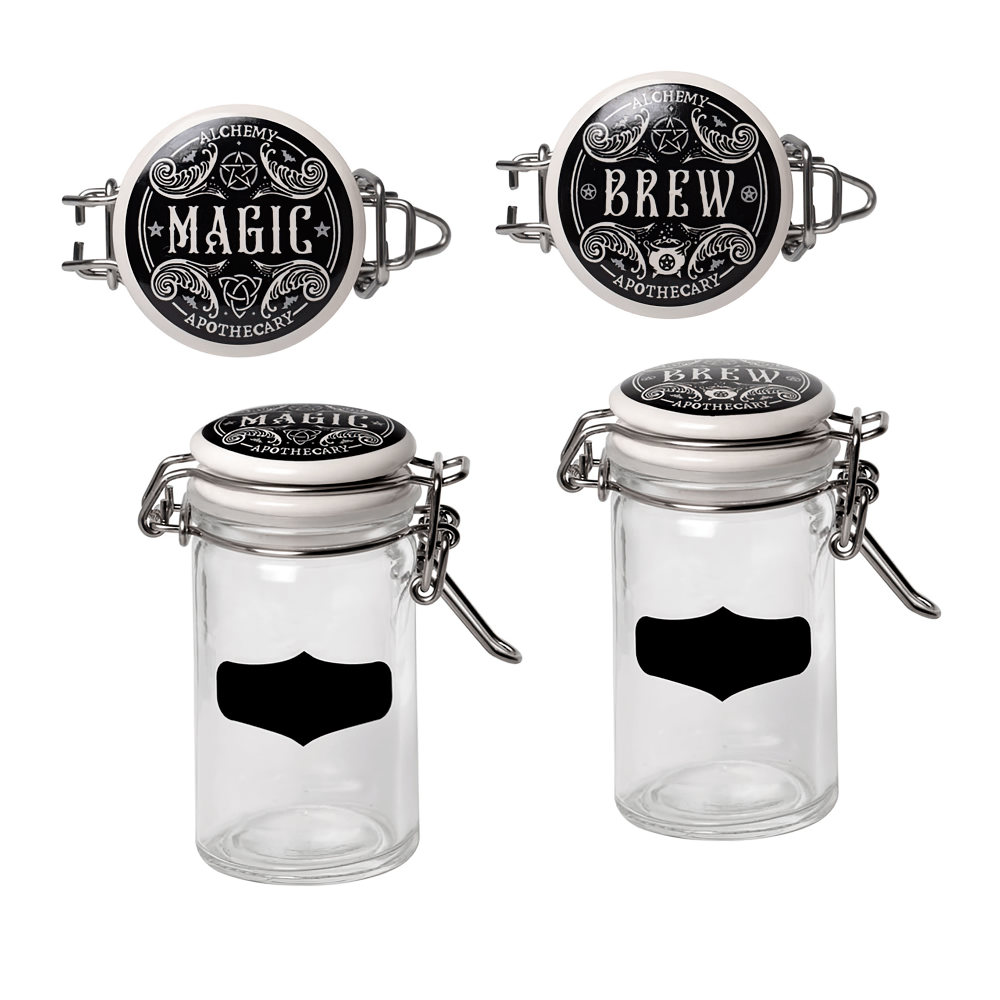 Set of glass spice jars labeled Magic and Brew, perfect for witchcraft spices and potion storage.