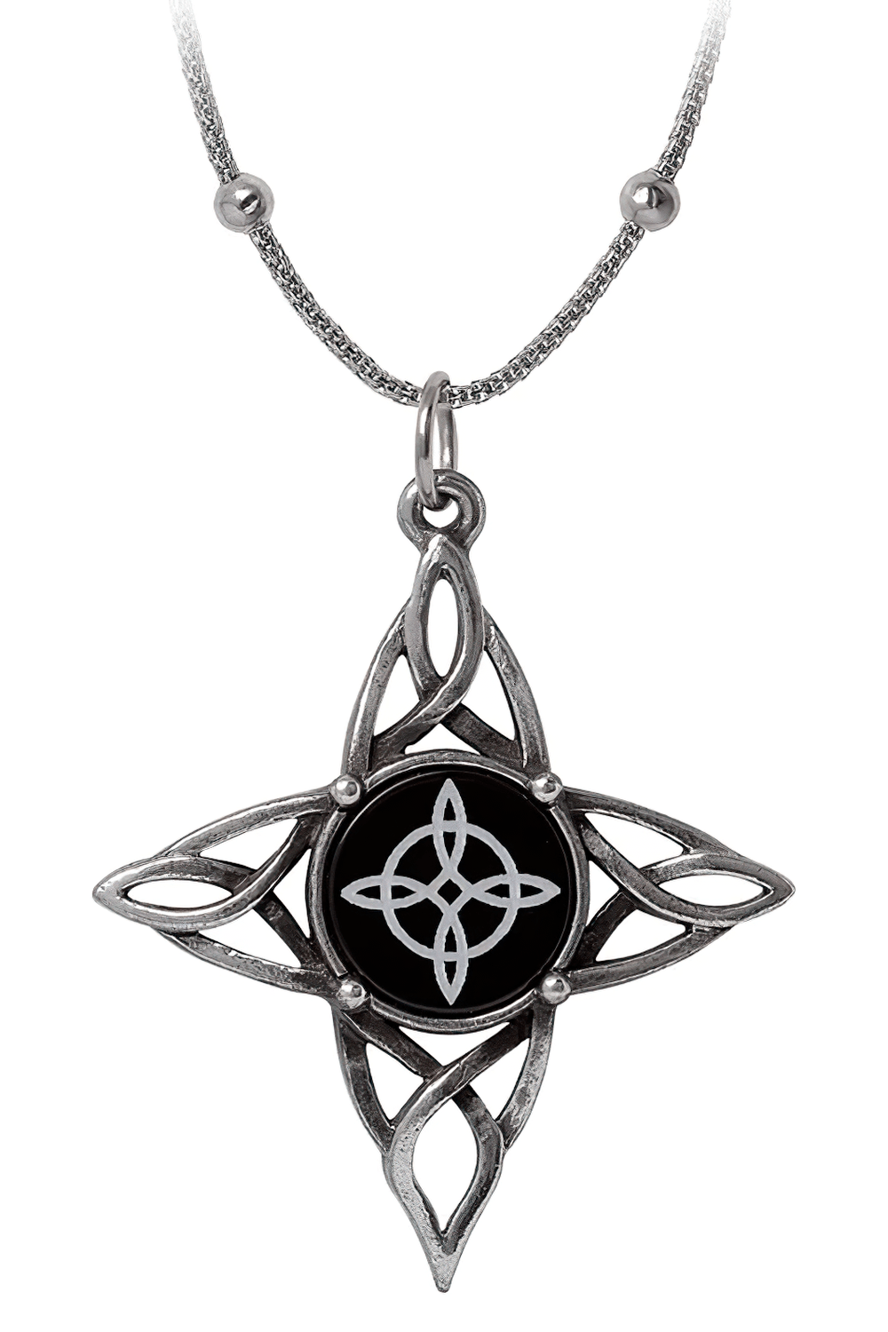 Witch's Knot Gothic Necklace With Black Onyx Pendant featuring intricate Celtic knotwork and a polished orb chain.