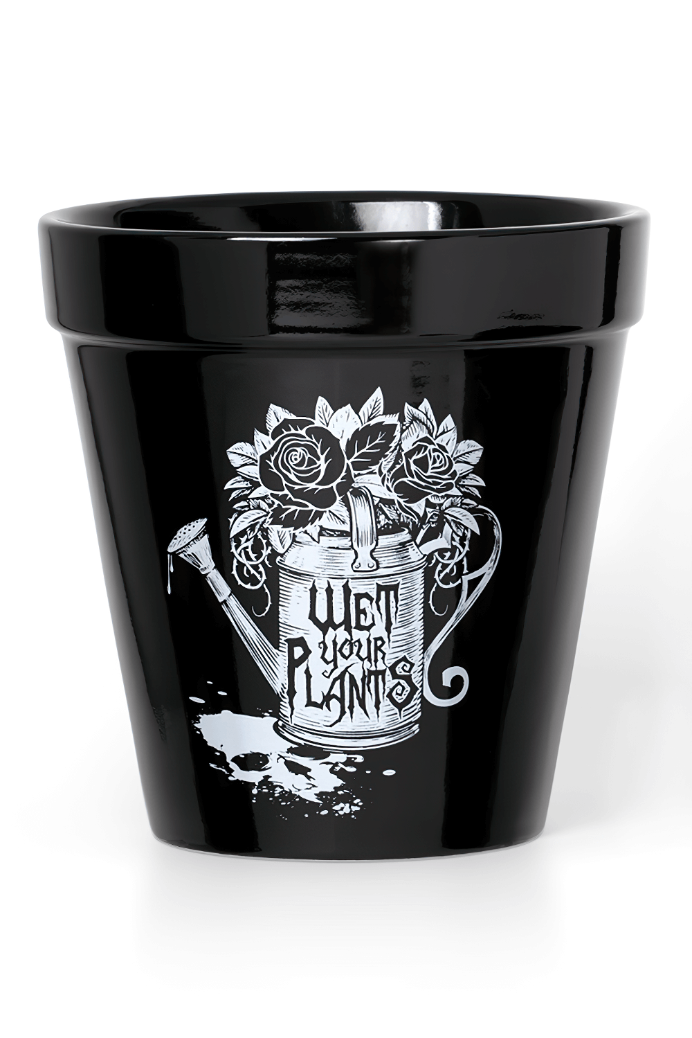 Gothic ceramic plant pot featuring a Victorian watering can and roses with the message 'Wet Your Plants'.