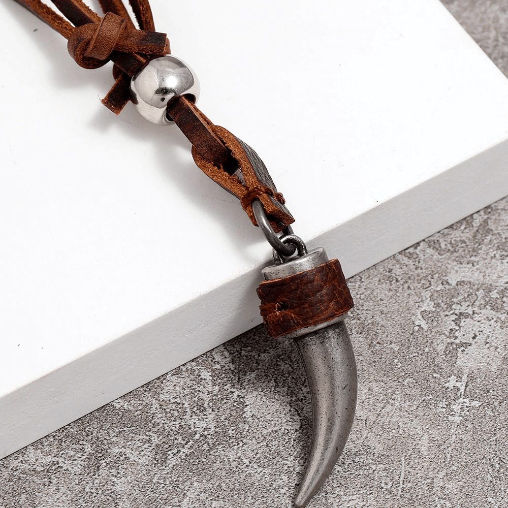 Wolf Tooth Pendant Leather Necklace Chain / Vintage Brown Jewelry for Women and Men - HARD'N'HEAVY