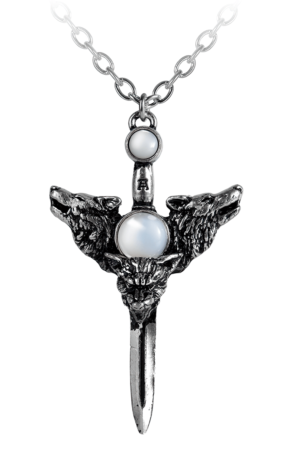 Wolverine Moon Pendant featuring silver dagger and moonstones, stylish jewelry with mythical wolf design.