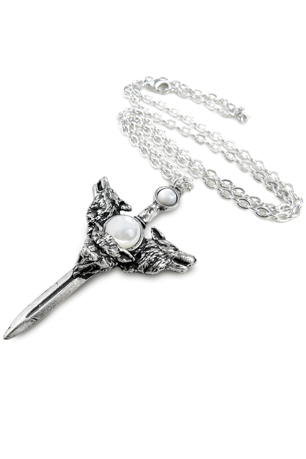 Wolverine Moon Pendant with silver dagger and moonstones, featuring detailed wolf heads and sleek chain.