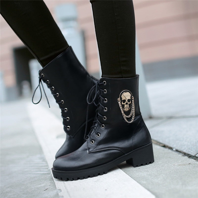Women Ankle Boots with Skull and Chain / Lace-Up Platform Womens Boots for Spring and Autumn Season - HARD'N'HEAVY