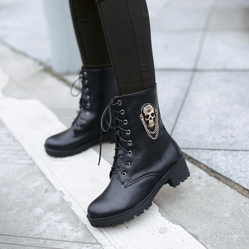Women Ankle Boots with Skull and Chain / Lace-Up Platform Womens Boots for Spring and Autumn Season - HARD'N'HEAVY
