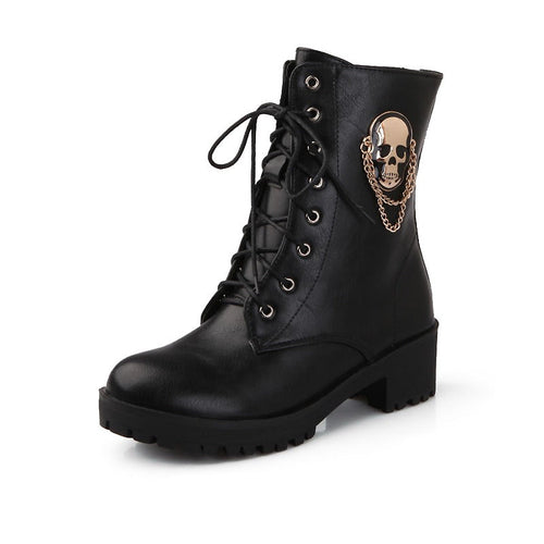 Damen-Stiefeletten mit Totenkopf und Kette / Schnür-Plateau-Damenstiefel für die Frühlings- und Herbstsaison 