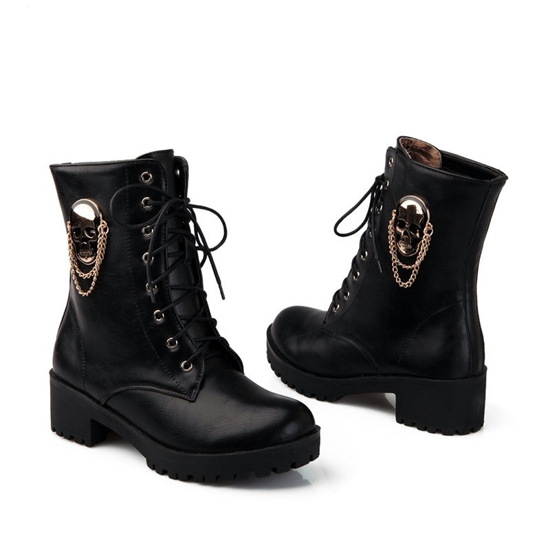 Women Ankle Boots with Skull and Chain / Lace-Up Platform Womens Boots for Spring and Autumn Season - HARD'N'HEAVY