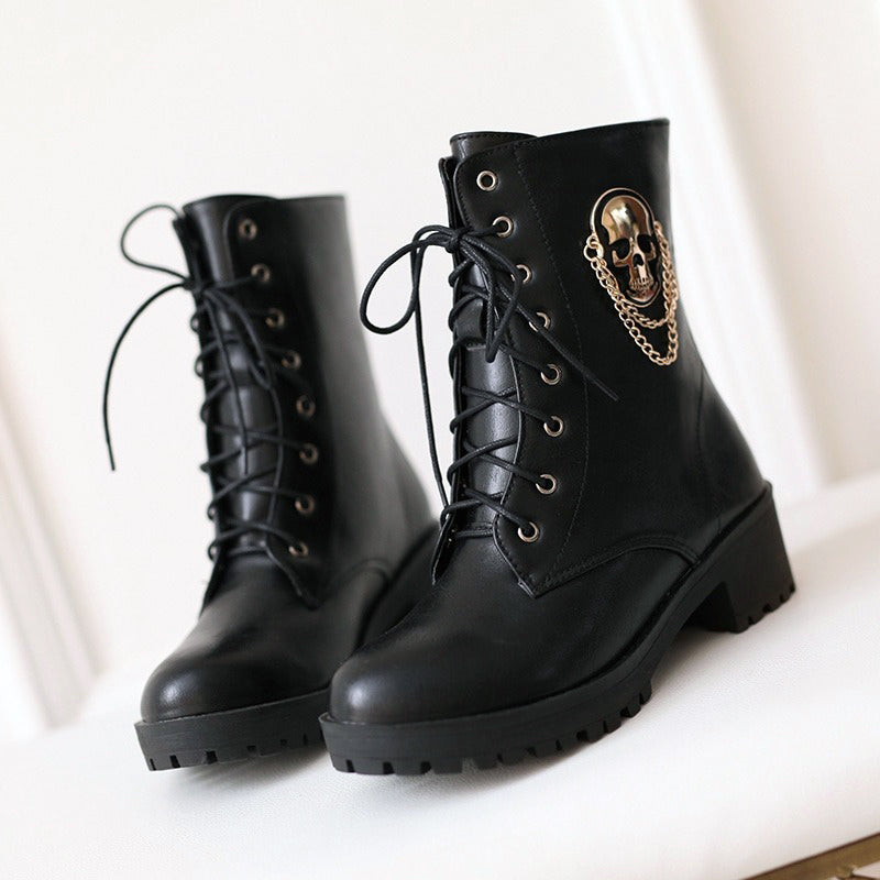 Women Ankle Boots with Skull and Chain / Lace-Up Platform Womens Boots for Spring and Autumn Season - HARD'N'HEAVY