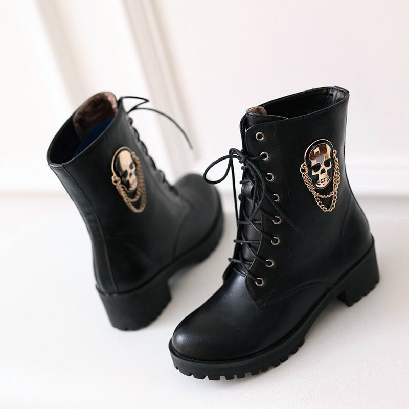 Women Ankle Boots with Skull and Chain / Lace-Up Platform Womens Boots for Spring and Autumn Season - HARD'N'HEAVY