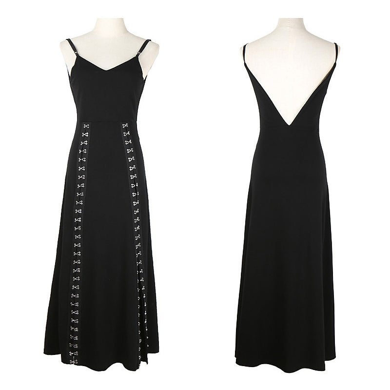 Women’s black asymmetrical spaghetti strap Gothic dress with stylish detailing and a flattering fit.