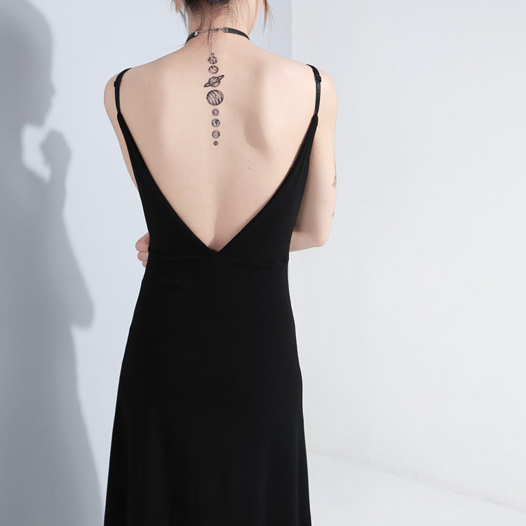 Women Black Vent Asymmetrical Long Spaghetti Strap Dress / Gothic Sleeveless Loose Fit Fashion Outfit Women Black Vent Asymmetrical Long Spaghetti Strap Dress / Gothic Sleeveless Loose Fit Fashion Outfit