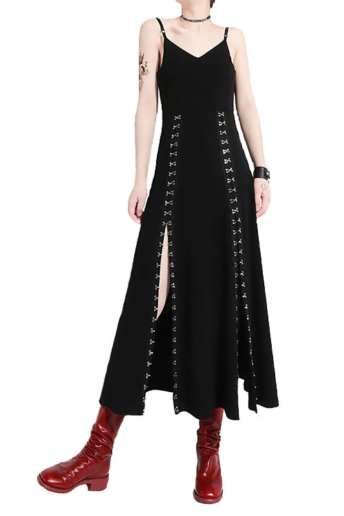 女性用 黒色 ベント 非対称 長い 細いストラップ ドレス / ゴシック ノースリーブ ゆったりフィット ファッション 衣装