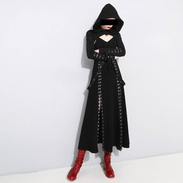 Gothic black long spaghetti strap dress with hood and lace-up details, paired with red knee-high boots.