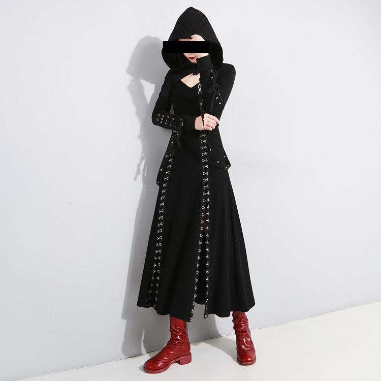 Gothic women's black long spaghetti strap dress with hoodie and red boots, perfect for a stylish summer outing.