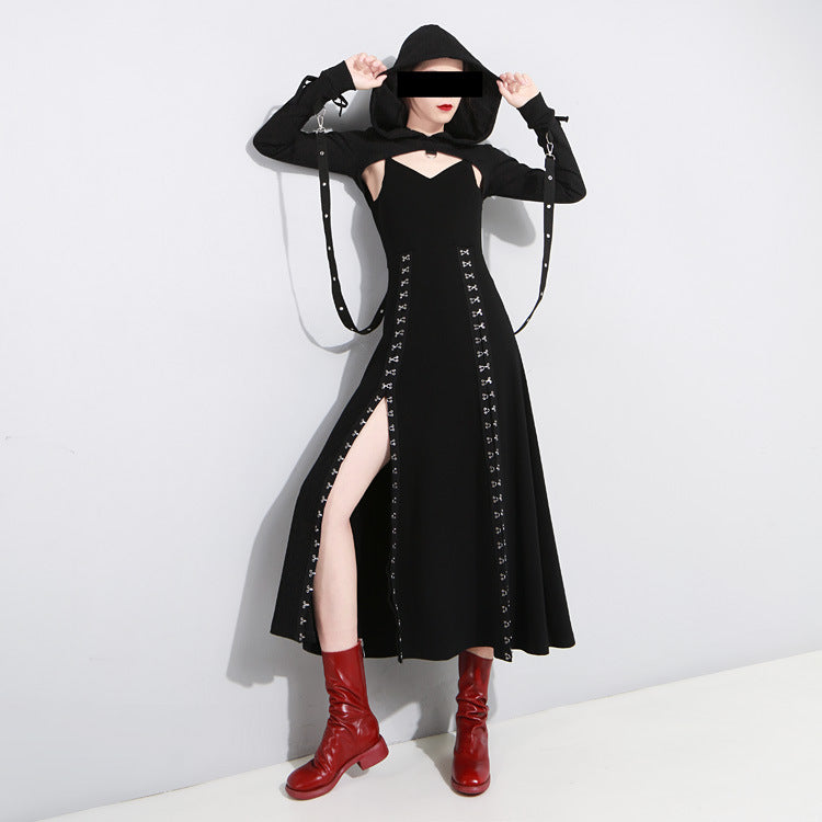 Gothic black long spaghetti strap dress with hood, featuring side slits and stylish lace-up details.
