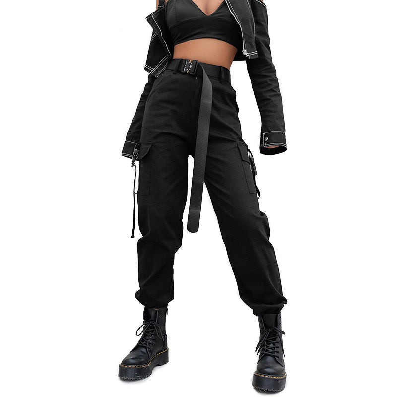 Black high waist women's cargo joggers with suspenders in rock style, perfect for goth outfits and concerts.