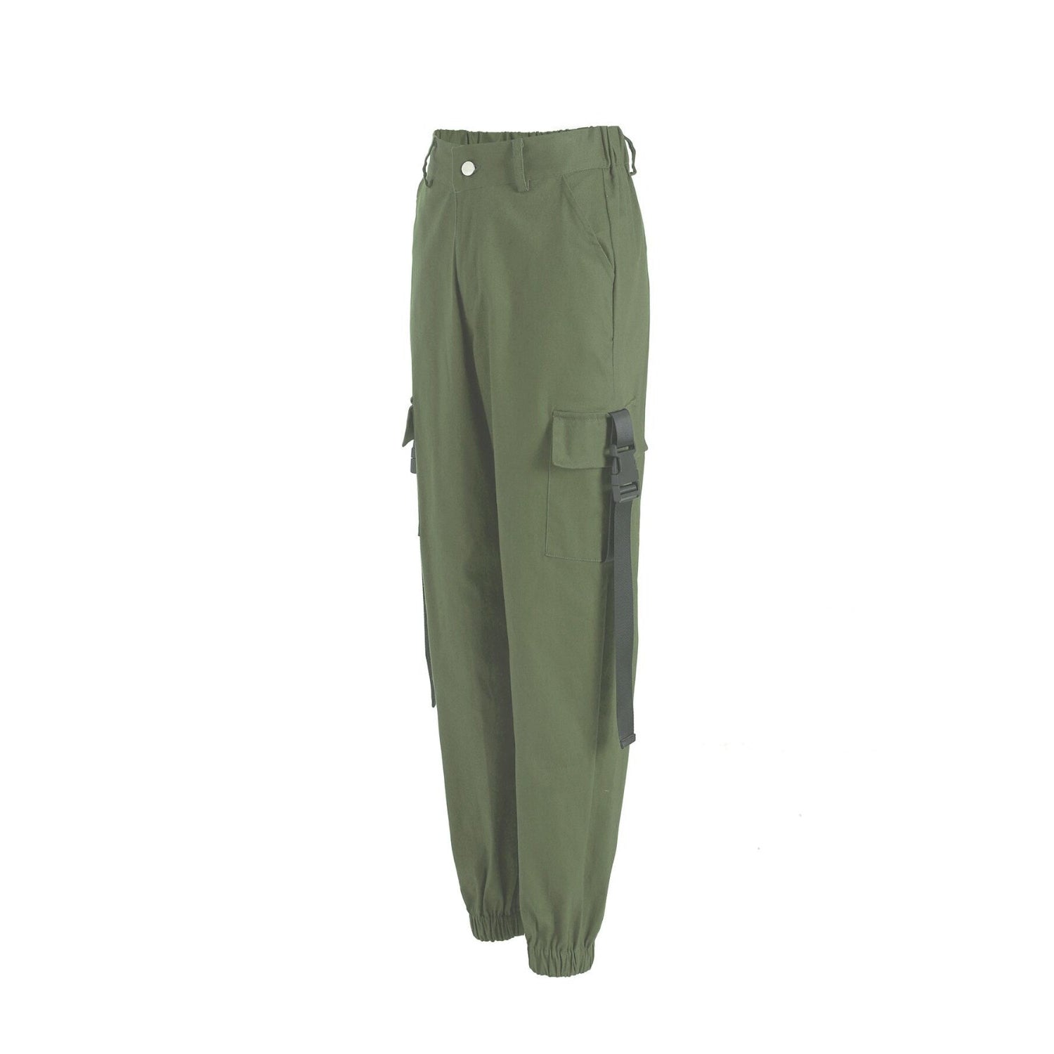 Women’s high waist cargo pants in olive green, featuring a loose fit, ankle length, and stylish suspenders for a rock-inspired look.