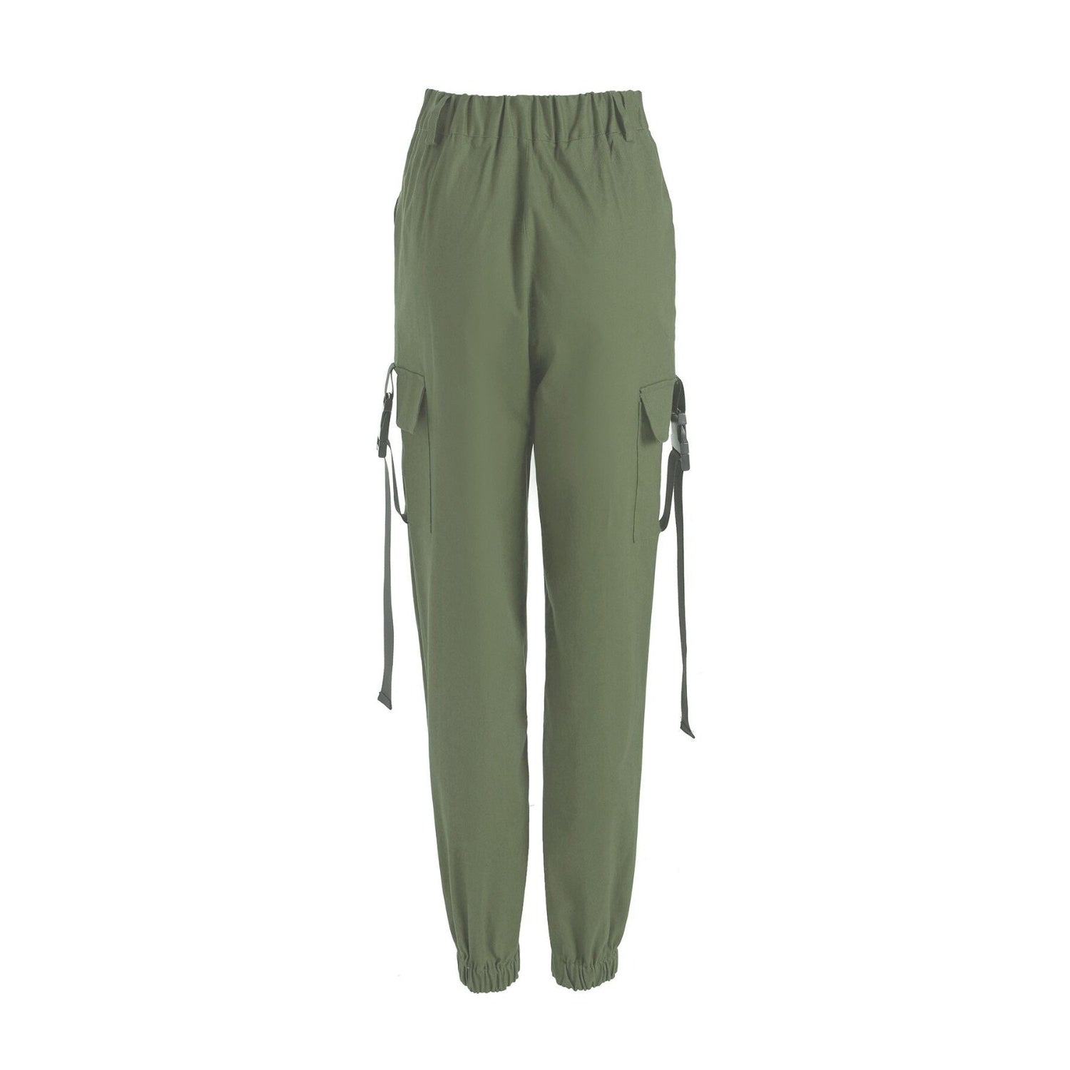 Women's high-waist cargo joggers in olive green, featuring suspenders and ankle-length design, perfect for rock or goth outfits.