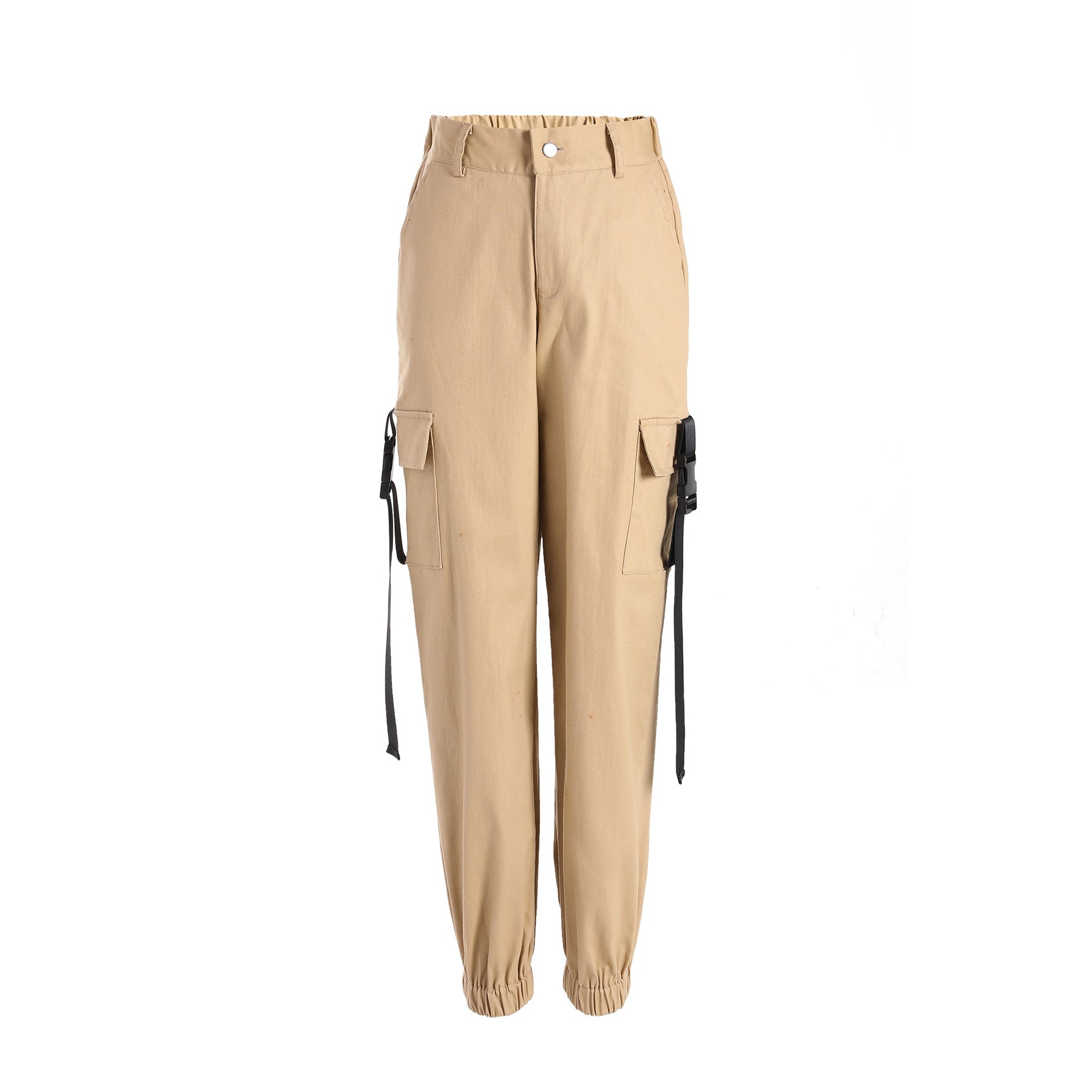 High waist beige women's cargo pants with side pockets and adjustable ties, perfect for casual or trendy outfits.