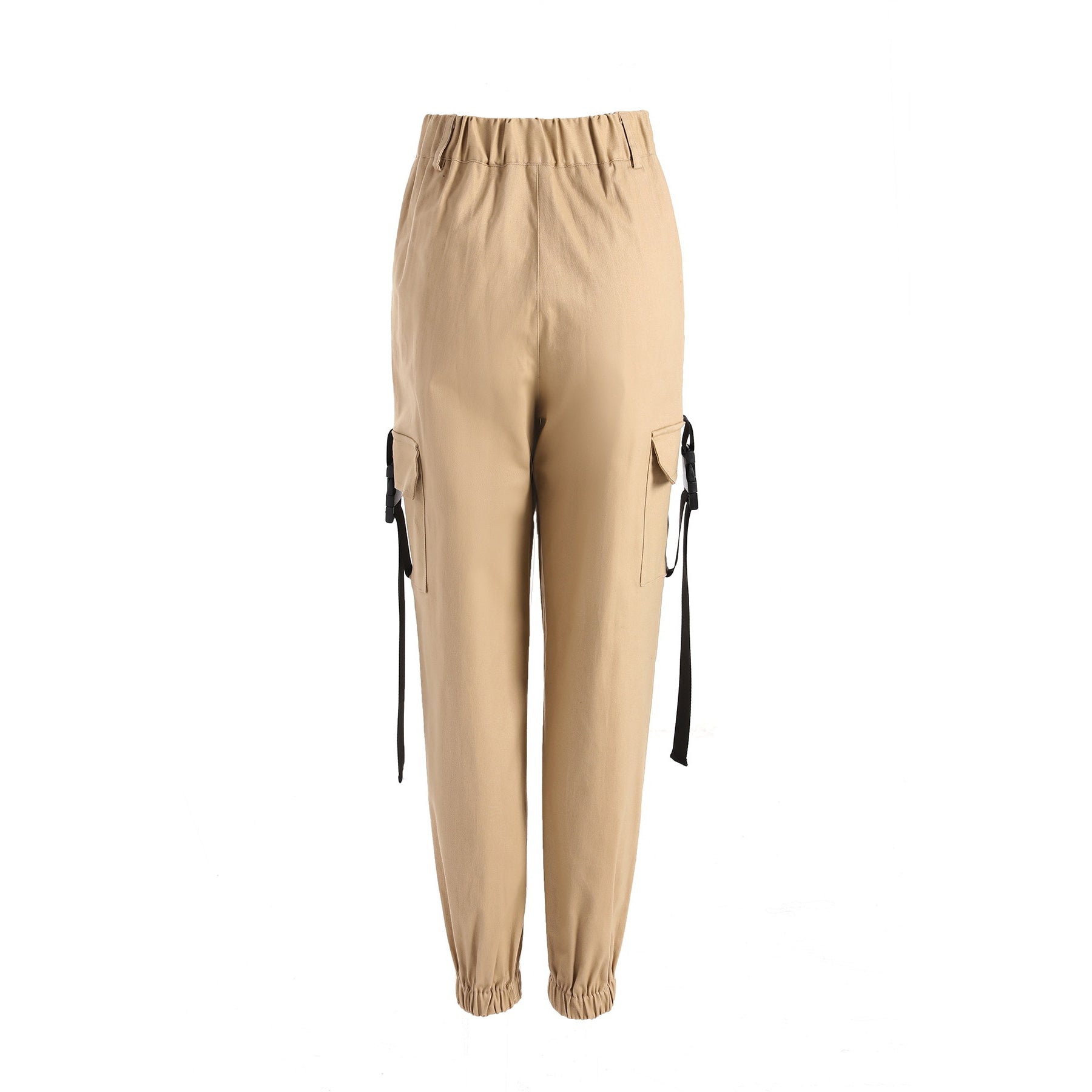 Beige high-waisted women's cargo joggers with suspenders and side pockets, perfect for a relaxed style.