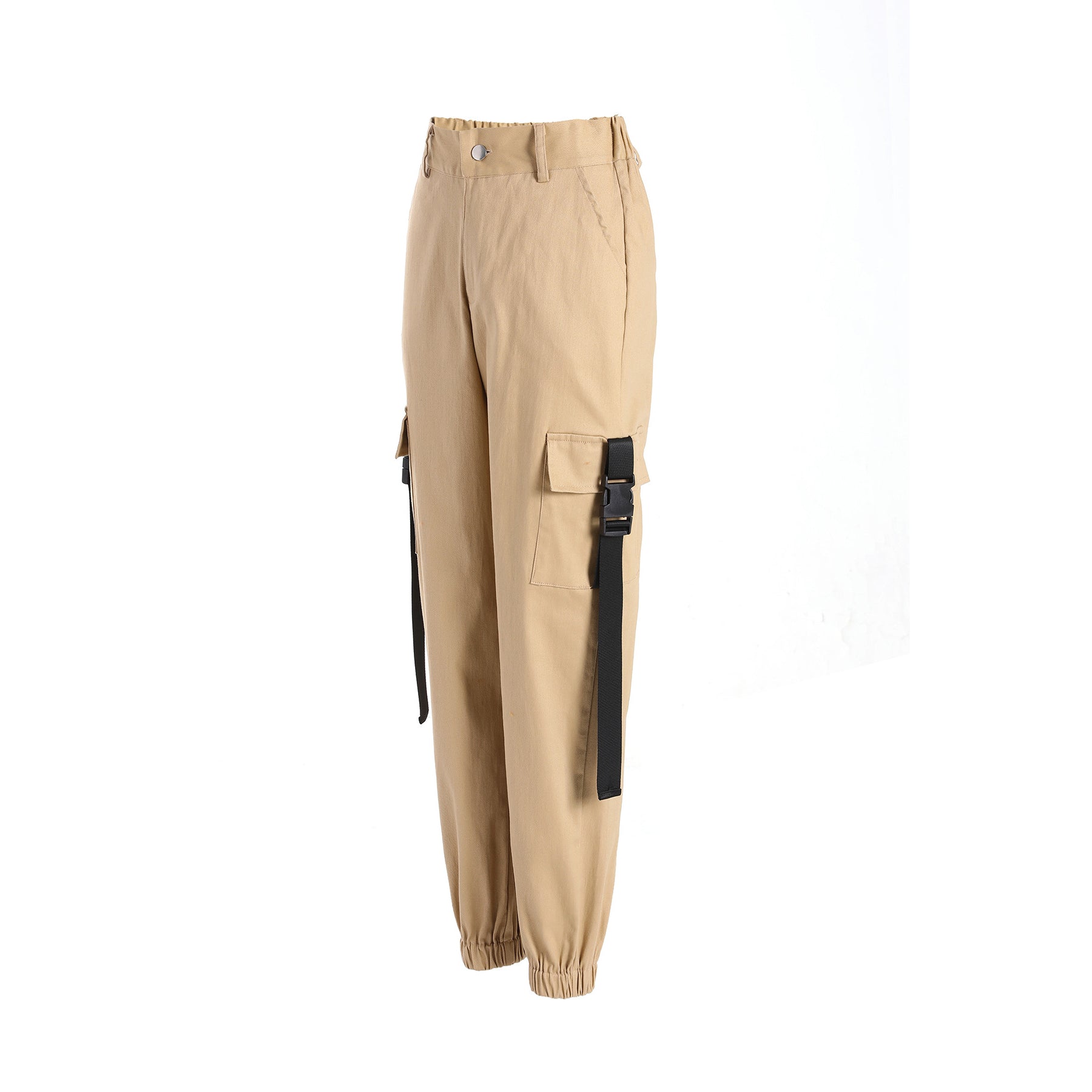Stylish beige cargo joggers with suspenders, featuring loose fit and cargo pockets for a trendy look.