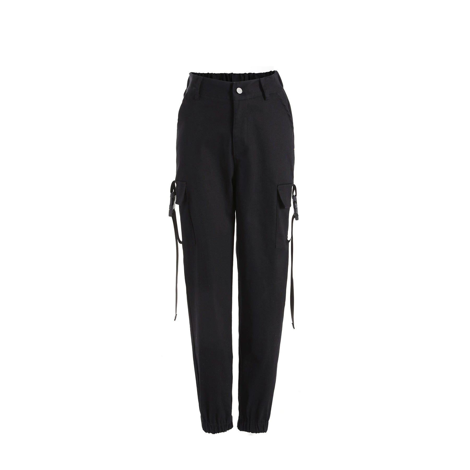 Black high waist cargo joggers for women with suspenders, loose fit, ankle length, perfect for rock or goth styles.