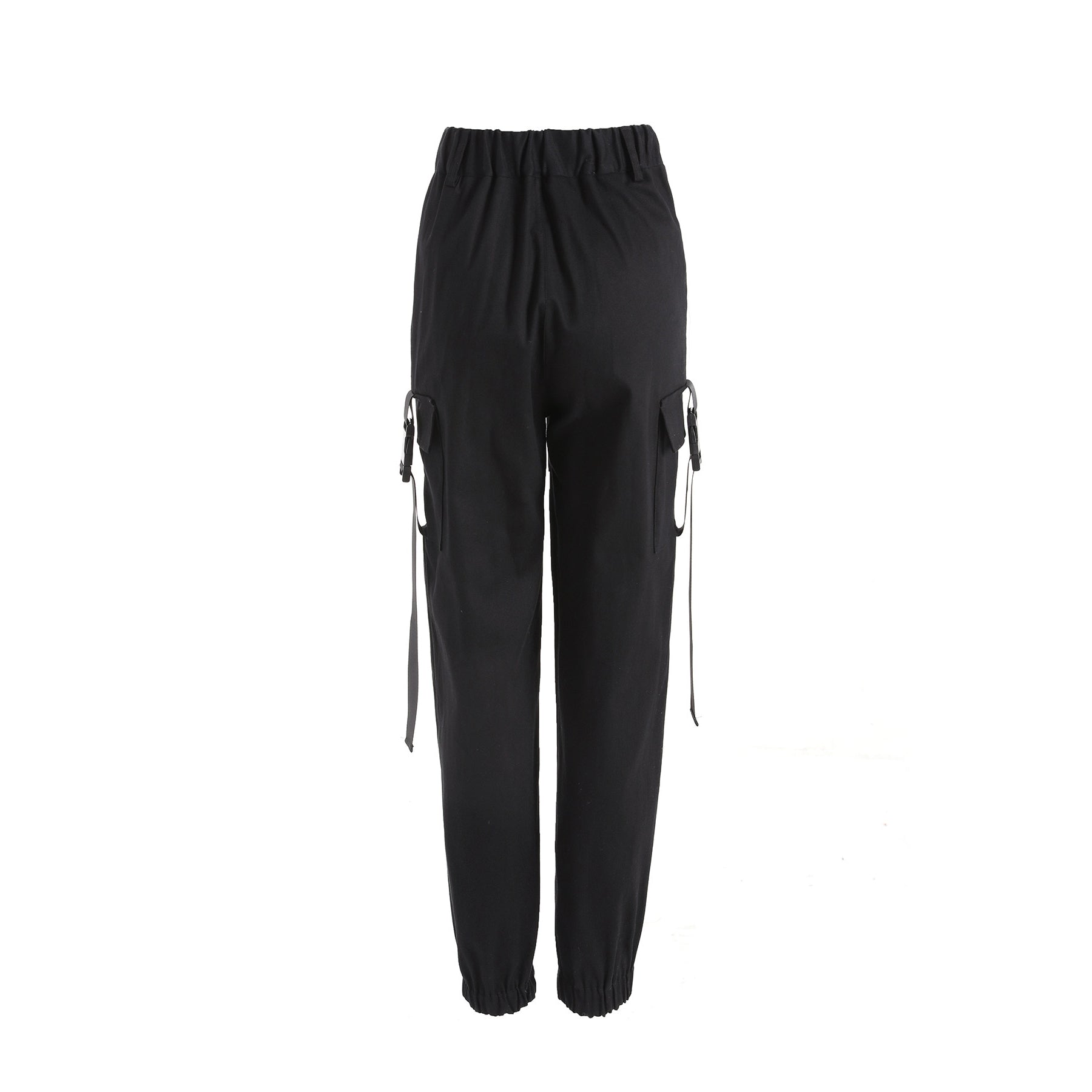 Women’s black high waist cargo joggers with suspenders, perfect for rock style outfits and themed parties.