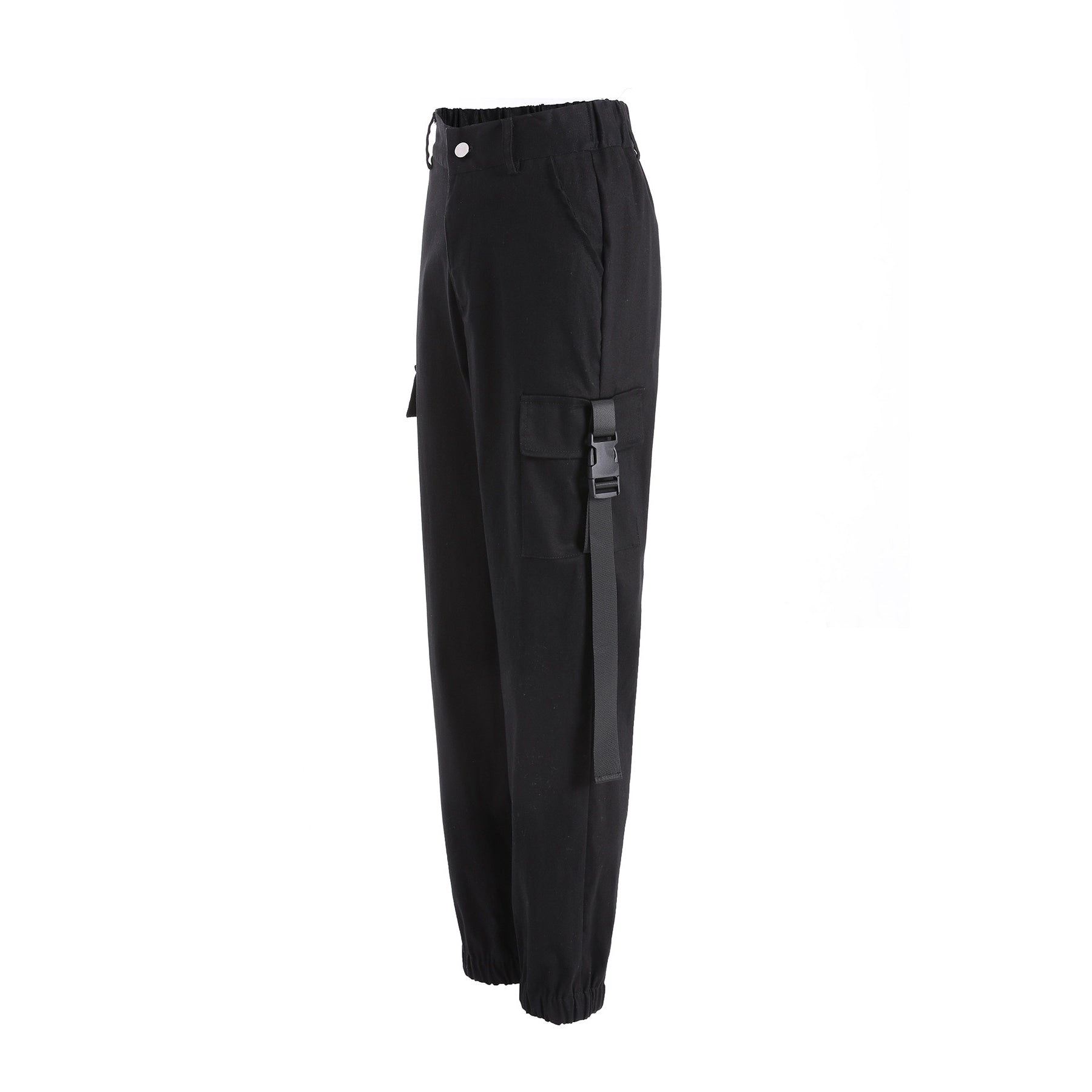 Women’s black high waist cargo joggers with suspenders, loose fit, ankle length, perfect for rock outfits and concerts.
