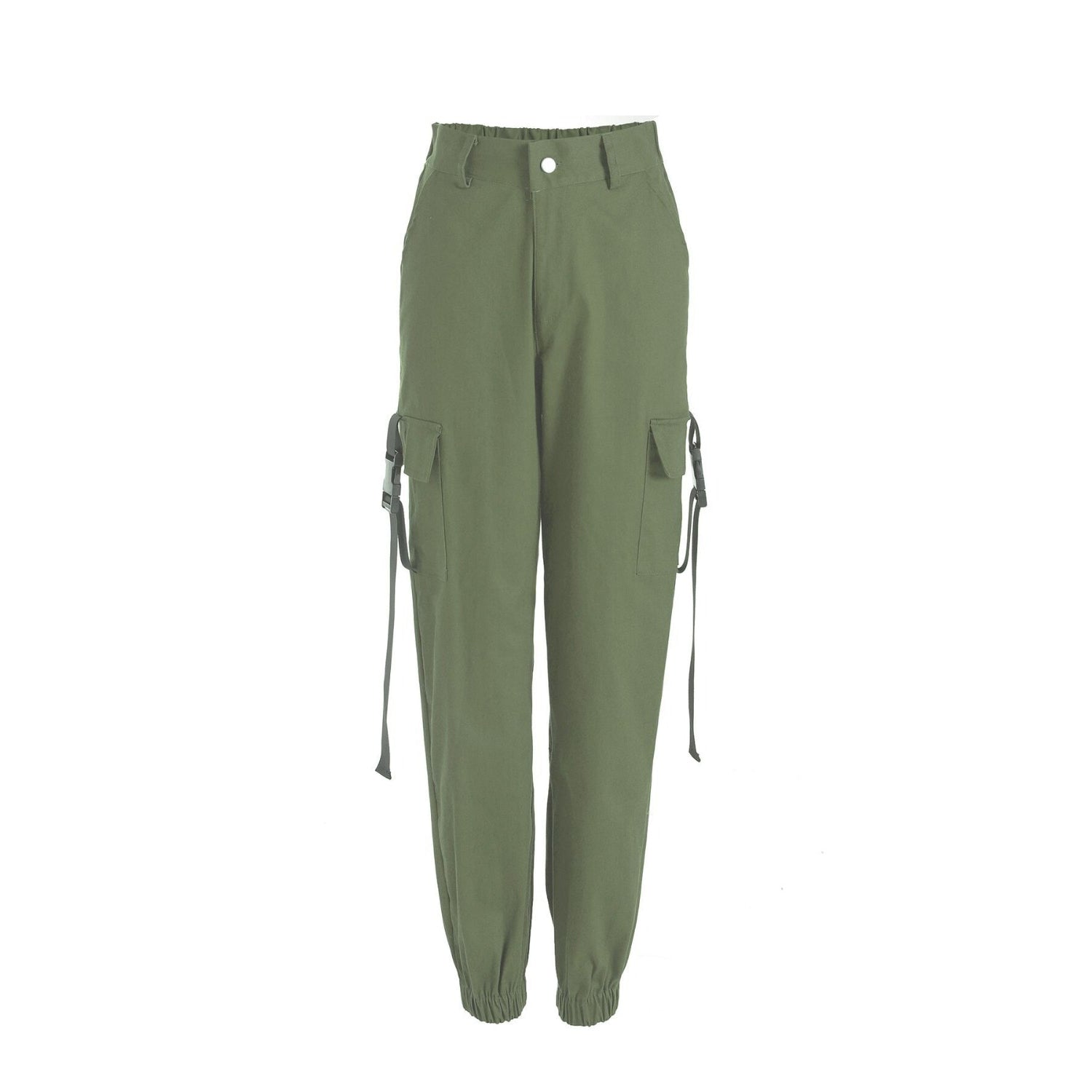 Women's high waist cargo joggers in olive green with pockets and ankle cuffs, perfect for a trendy casual look.