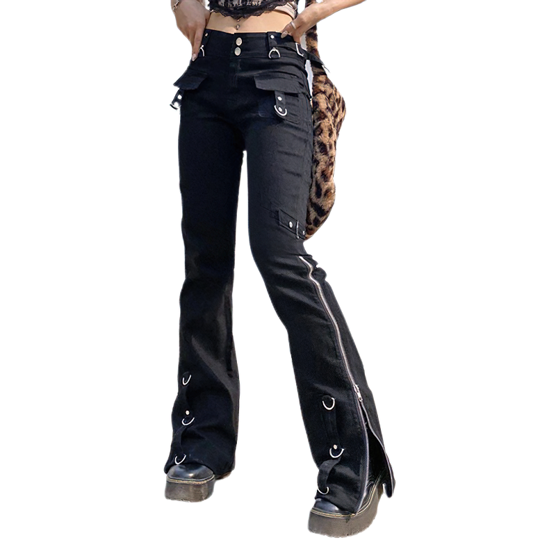 Women Dark Pant With Pockets And Zippers / Split Jeans Of Low Waisted / Casual Streetwear - HARD'N'HEAVY
