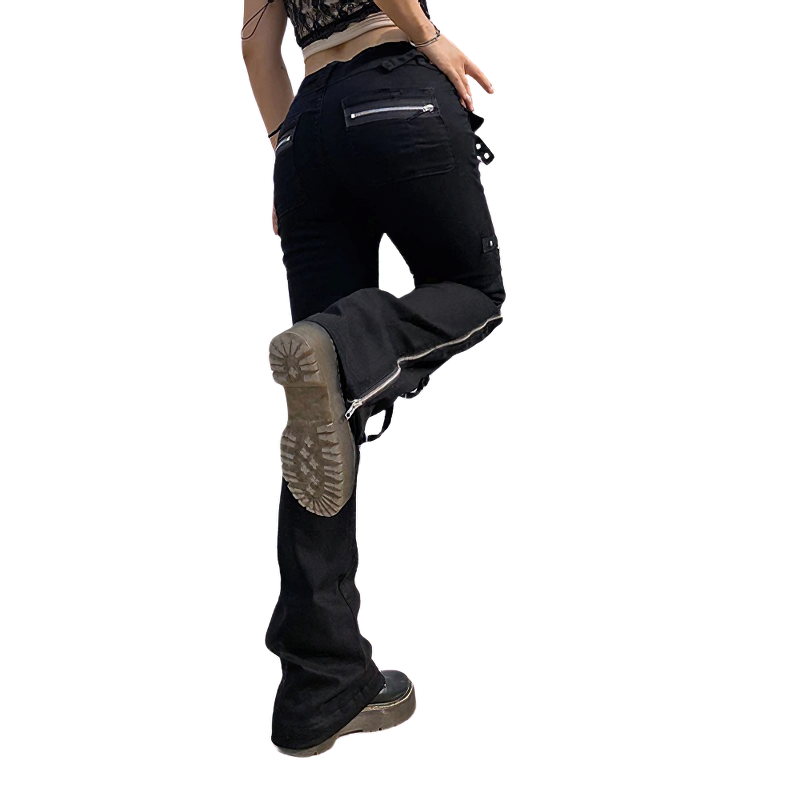 Women Dark Pant With Pockets And Zippers / Split Jeans Of Low Waisted / Casual Streetwear - HARD'N'HEAVY