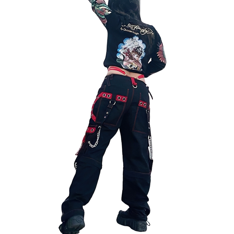 Women Gothic Punk Chains Pants / Casual Wide Leg Cargo Pants / Female Baggy Clothes - HARD'N'HEAVY